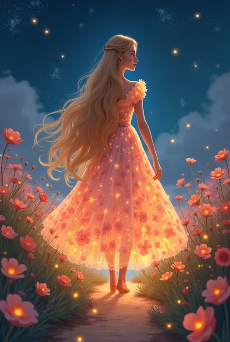 Realistic style: Princess of the Garden of Eternal Flowers

 Description: A teenage princess with long, golden hair ,  wearing a dress made of flower petals .  walks among an infinite garden of magical flowers that glow in the dark.
    Scenery:  A field o...