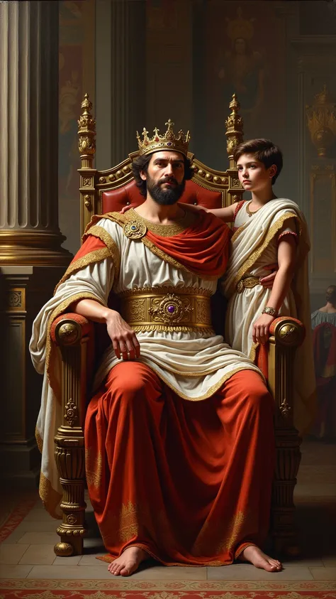 King Philip II of Macedonia, seated on a throne in a grand palace, with young Alexander standing beside him, both dressed in regal attire.