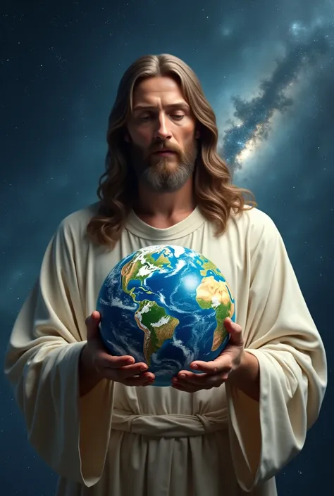  in your hands Create an ultra realistic detailed 8k image of Jesus Christ, in space, holding planet Earth ,  (Detailed high resolution) 8k 