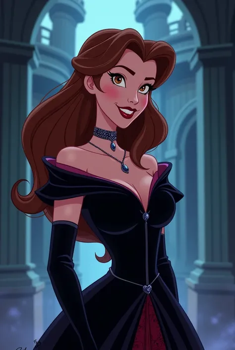 Disney princess Belle reimagined as an evil villain in disney animated style. It should be the same as Belle, but just give her a makeover of a villain. 