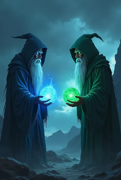 Image is a digital fantasy artwork featuring two elderly wizards facing each other in a dramatic, stormy landscape. Both figures have long, white beards and are wearing tattered, dark hooded cloaks. The wizard on the left has glowing blue eyes and is holdi...