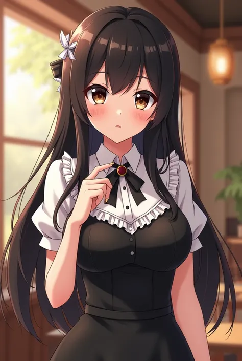 Anime black-haired girl with brown eyes and big breasts waitress