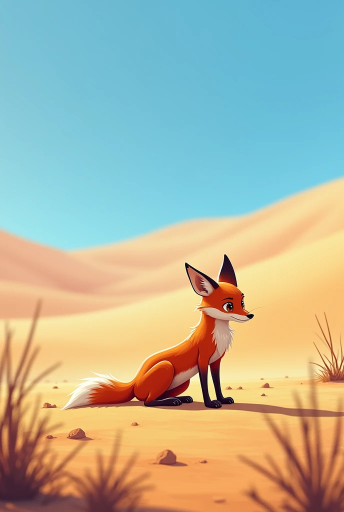 An orange-colored fox thinking about food in the not-so-lively desert 