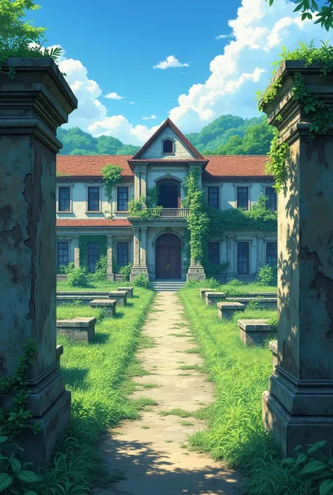 In the way the anime is drawn 
An old rural school with dilapidated buildings and abandoned stone structures 