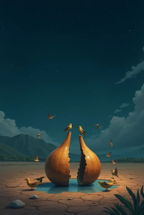  Picture of the night with stars in the Brazilian Northeastern hinterland   , with cracked earth    ,    Gourd broken in half with some water and some birds drinking the water on top of the gourd and some birds flying