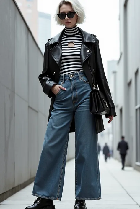 A black and white striped turtleneck top that has a hole model in the neck, with blue denim wide pants, a black leather jacket, black boots, and a black bag.