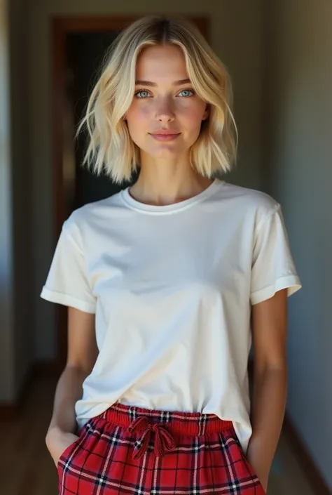 Photorealistic style, a slim white American teenage girl with blue eyes and short blonde hair, wearing a white t-shirt and red plaid pajama pants