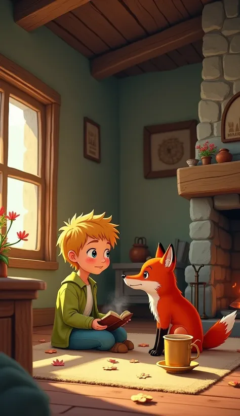 The little prince with the fox in a cozy little house 