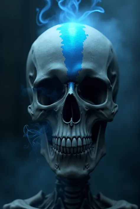 Skull head smoking animation,  with a blue stripe on the head