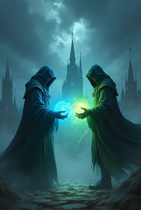 Fantasy digital artwork depicting two wizards in a dramatic confrontation. The scene is set against a stormy sky with dark clouds and lightning. Both wizards wear long, tattered robes with hoods obscuring their faces, adding an air of mystery. The wizard o...