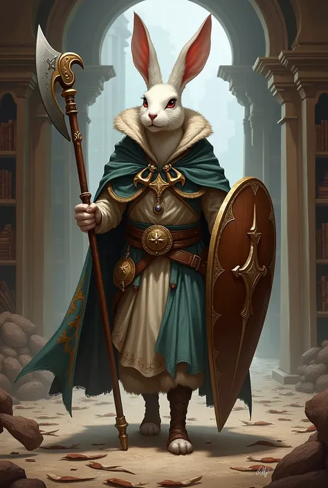  created an image of a herring  ( its a humanoid hare )  from the dungeon and dragon world. 
Cest un Cleric ou un Clerc avec une toge simple.  He has a mace in his right hand and carries a shield in his left hand. 
Son pelage est blanc, et il possède une b...