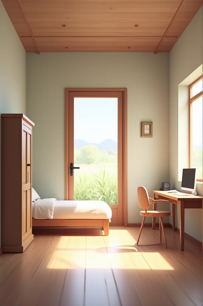  minimalist village room with bed, cabinet ,  computer desk and door 