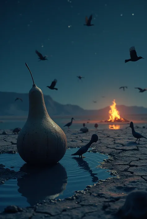  Picture of the night with stars in the Brazilian Northeastern hinterland   , with cracked earth    ,   Gourd broken in half with some water and some birds drinking the water on top of the gourd and some birds flying in the background a bonfire