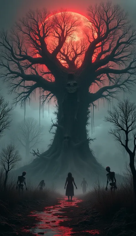 blood, horrific scene, huge horror tree made out of bones, tree made out of skeletons, swampy moor background with fog, skeleton trees in the background, red, orange, white, black, at night, glowing from behind, foggy, fog, zkeleton 