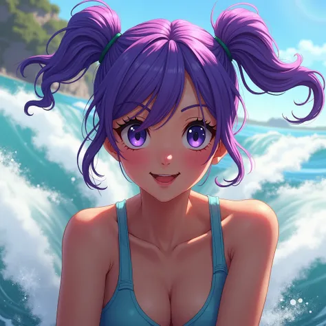 1girl, Solo, Looking at viewer, Masterpiece, UHD, Textured Skin, Twintails, Purple Hair, Lens Flare, Speed Lines, jet skiing