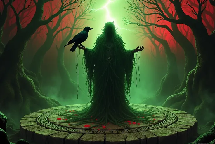 " Portray the green man like a spirit evil in a macabre ritual in the heart of a cursed forest .  He is standing on a circle of ancient stones covered in runes shining in red ,  with black roots coming out of your feet and burrowing into the ground .  Your...