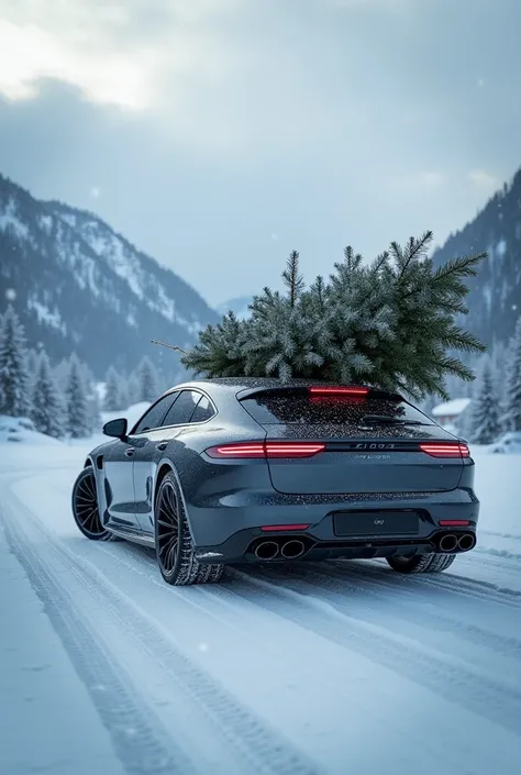 
A modern-style car ,  is parked in a snowy landscape .  The car has a special charge :  a large, leafy Christmas tree ,  tied with ropes to the back of the vehicle .  The snow covers both the ground and the branches of the tree ,  adding a layer of sereni...