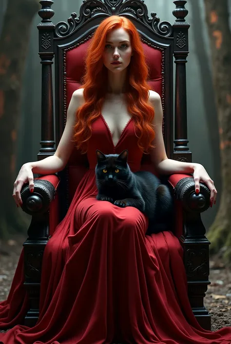 Extremely beautiful witch , red haired,  Long dress,  sitting on a throne with a black cat on her lap