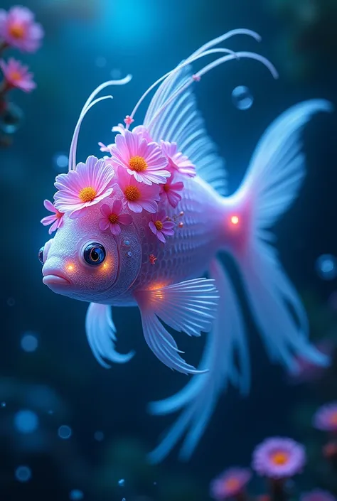 An impressive image of a glowing neon blue ethereal fish. The fishs body is decorated with brave and small pink and purple flowers, with tiny glows that emit bright neon blue light. Luminous neon blue bubbles decorate the water around the fish. The image i...