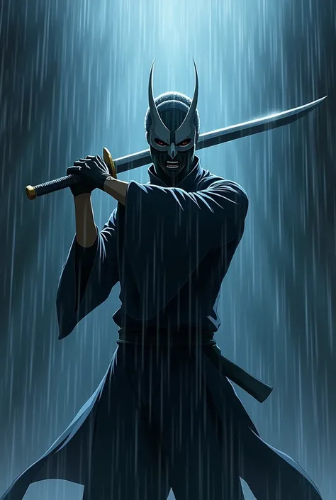 Image of a Japanese animated ,  a masked antagonist with his sword in the rain looking cold,  the title of the anime above the poster  