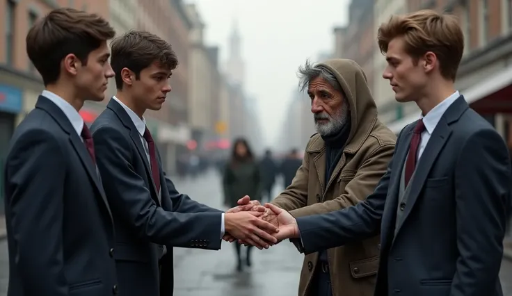 Realistic image of a group of young men aged 18 to 20 years in suits and ties extending their hands to a homem em situação de rua
