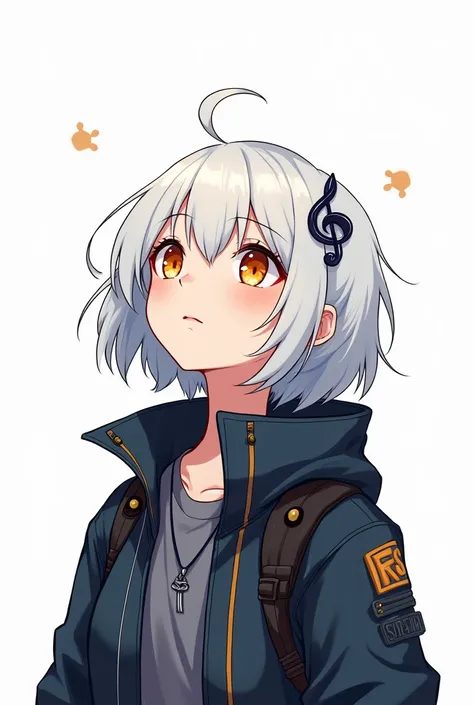  Anime girl wallpaper type,  thick lines , drawing doodle ,  looking up,  completely white , short white hair in feather ,  dark futuristic jacket with cyberpunk designs,  orange eyes without solid color details,  white background, brooch shaped like a mus...