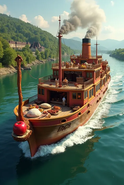 "A whimsical and vibrant cruise ship designed entirely around Serbian national cuisine, sailing through a picturesque river. The ship’s hull is a rich, earthy tone, decorated with rustic details that evoke the warmth of a Serbian home. The bow of the ship ...