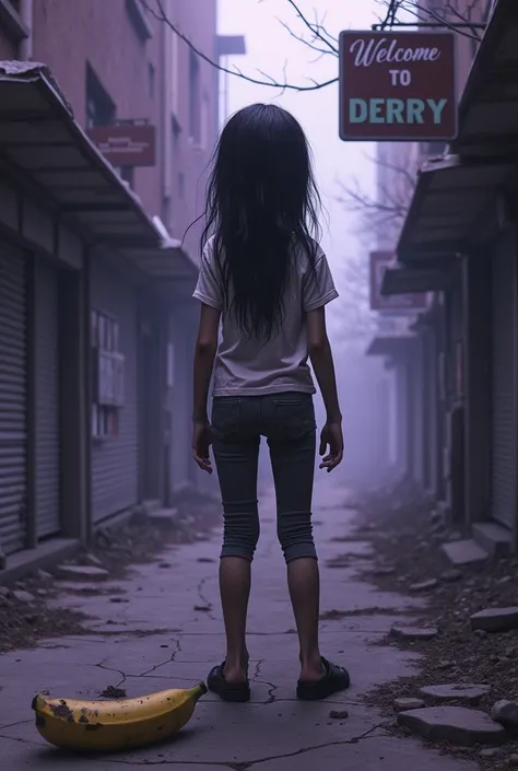 Girl from behind long hair disheveled black dirty clothes short white t-shirt tight pants dirty banana, Shadows,  abandoned city of the 70s abandoned closed stores ,  broken and closed windows and doors , ,  dry trees branches , cracked cement floor ,  a v...