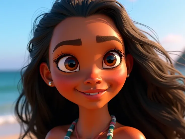 "Create a detailed 3D close-up image of Moana (Vaiana) from Disney’s Moana. Moana is depicted with her signature long, wavy, dark hair flowing naturally around her face. Her warm brown eyes are filled with determination and a sense of wonder, and her skin ...