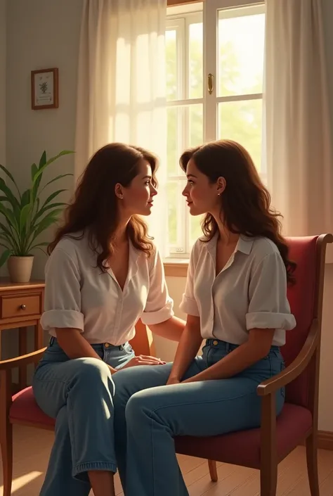  A brown woman seated in a simple chair ,  with wavy brown hair falling down her shoulders .  Shes sitting next to Clara , like a light blouse and jeans .  The surrounding environment is a cozy room ,  illuminated by natural light that enters through the w...