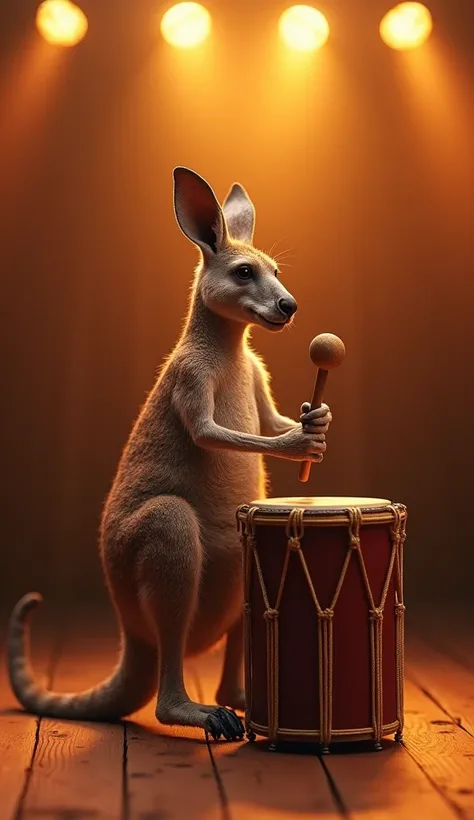 A highly detailed and ultra-realistic image of a kangaroo playing a zabumba drum on a wooden stage. The kangaroo is standing upright, with its strong tail balancing the drum while holding the mallet in one of its paws and striking the drum. The zabumba is ...