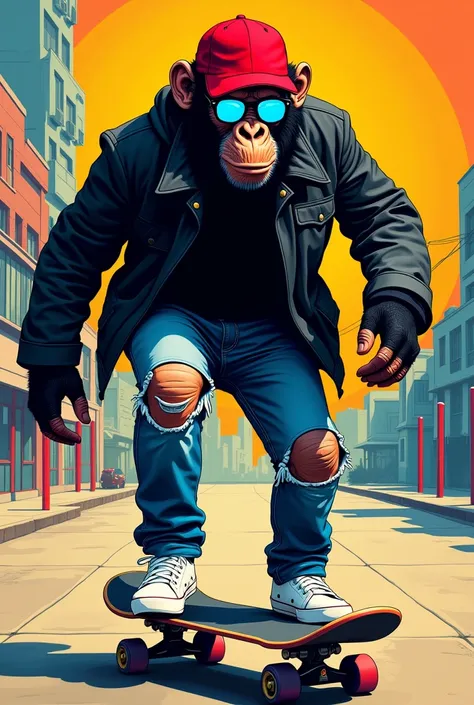 an ape, with a red cap, blue lenses, black jacket,  denim pants with torn knees,white tennis shoes,riding a skateboard .In Pop Art style