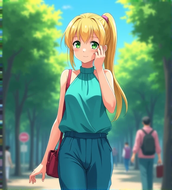 ‎Una 17-year-old anime-style lady , To Love Ru,  walking inside a huge park with trees around it , There are people in the surrounding area in a neighborhood in the city of Tokyo during the day, she measures 1, 69 cm high ,  her measurements are Bust 70 , ...