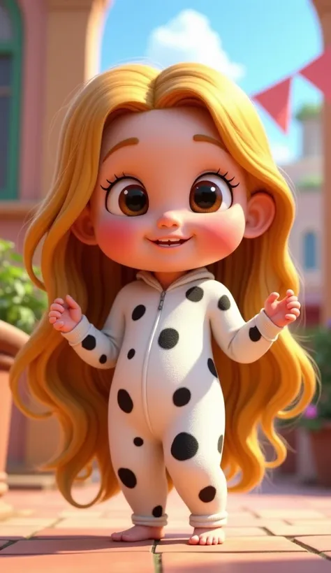 Disney Pixar Rapunzel baby style character , With a white jumpsuit with little black spots like those of a cow   , who is standing so that she can move while dancing