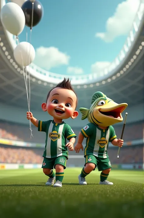 **AI Prompt:** "A hyper-realistic baby dressed in the official Santos Football Club uniform, including shirt, shorts and socks, happily parading alongside the teams official mascot, a smiling anthropomorphized fish, also dressed in the Santos uniform. The ...