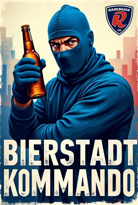  Create me a logo for an ultra scene of the Radeberger Sportverein (Football area )  the scene Should have the name “Bierstadt Kommando” , I would like to see a boxer wearing a blue and white balaclava, Who holds a beer bottle 