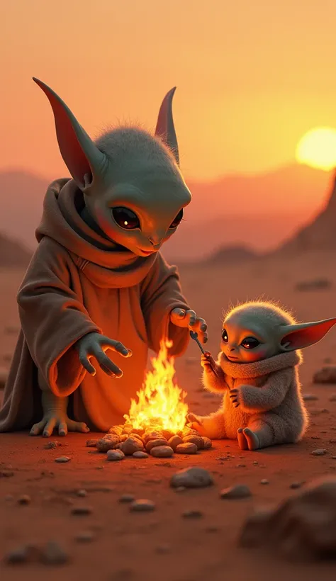 "On the barren Martian surface, a loving alien parent with long, flowing robes and glowing hands uses its powers to cook food over a makeshift fire made of glowing rocks. The baby alien, covered in soft fur and with big, curious eyes, sits nearby on a rock...