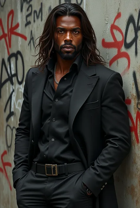 
Realistic drawing of a black man,  beautiful and detailed face , Gray eye ,  long brown hair, cold look, relaxed posture,  background of a wall with graffiti ,  black clothes . Every body must be visible and complete in the image.