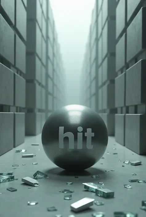 A smooth metal ball with poor reflection in addition to the word "Hit"  in it in a centered way and with a background of an infinite and liminal structure made of only cubes and surrounded by many pieces of broken glass 