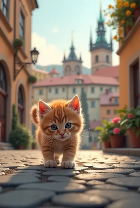 Kitten in Prague with a small colorful castle in the background 