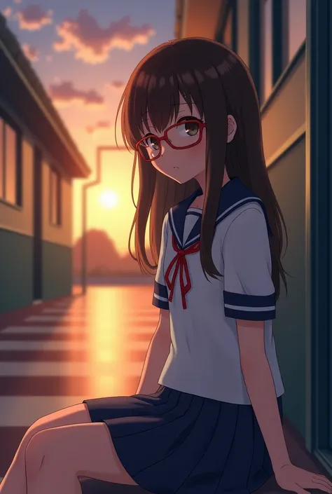 A girl, outfit:  She wears a white short-sleeved shirt with a school design ,  slightly notched and with a small red ribbon around her neck.
 A short length navy blue pleated skirt ,  characteristic of the Japanese school uniform .
appearance:  She has lon...