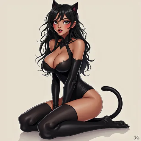 concept-art style drawn in detail :1.2), drawings  ([cat woman]),  perfect eyes - in black latex stockings and underwear -  ( in her latex suit ),  kneels looking - looking up with his mouth open,  with a silly face and tongue out ,  saliva flows down your...