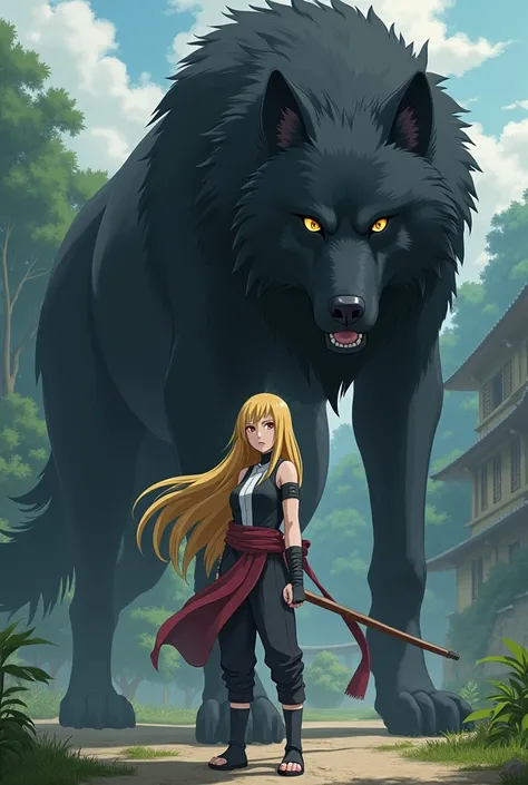 Blonde ninja girl Konoha with giant black wolf with yellow eyes