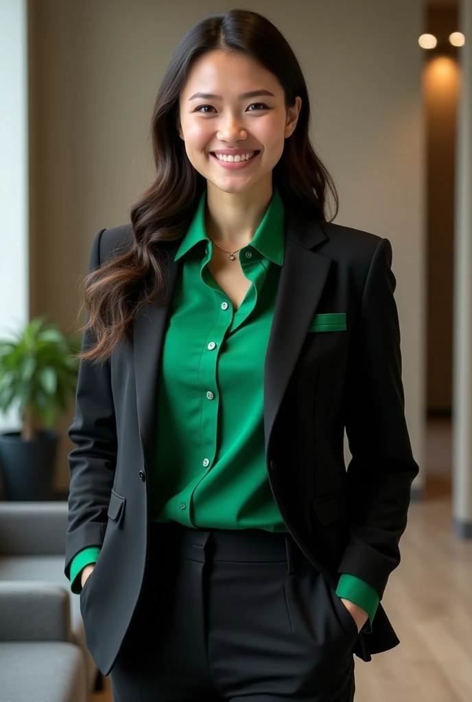 Create an image of a travel agency uniform with black and green colors 