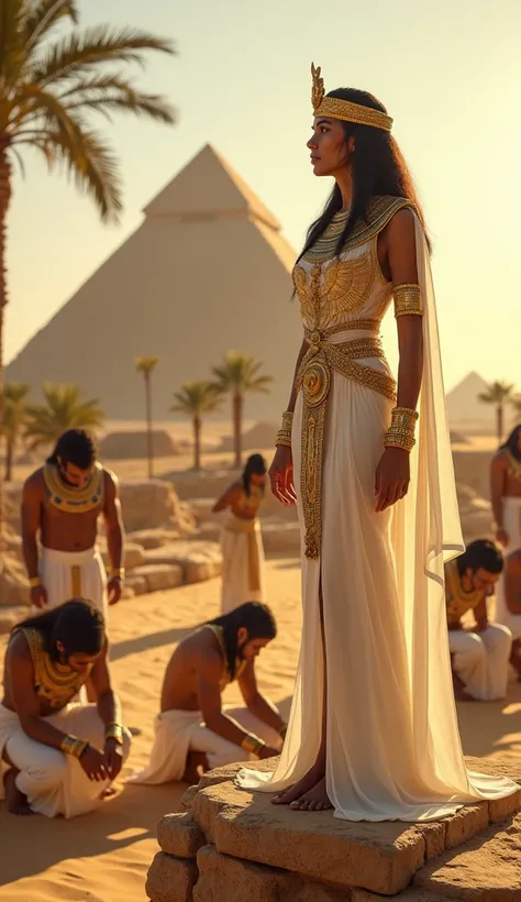 An Egyptian queen standing regally on a raised stone platform, dressed in a white gown with intricate gold embroidery and adorned with a golden crown, wide collar necklace, and bracelets. She holds a golden scepter and gazes confidently ahead. Surrounding ...