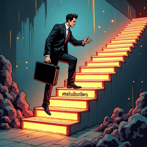 Comic book art style business man climbing a glowing staircase labeled "Email Subscribers"