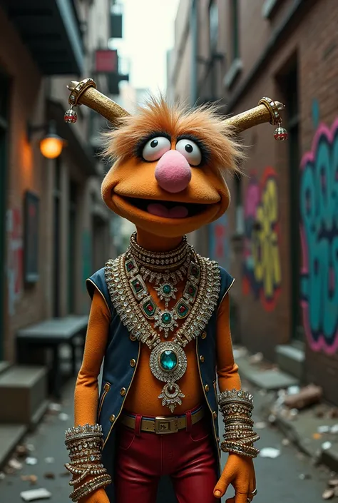 a garbige pail s card of gonzo wearing a bunch of bling in a alley