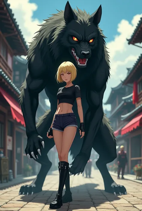  Blonde ninja girl Konoha square hair, short noir, black long boot , tee shirt noir, ventre apparent,  with giant black wolf with yellow eyes 