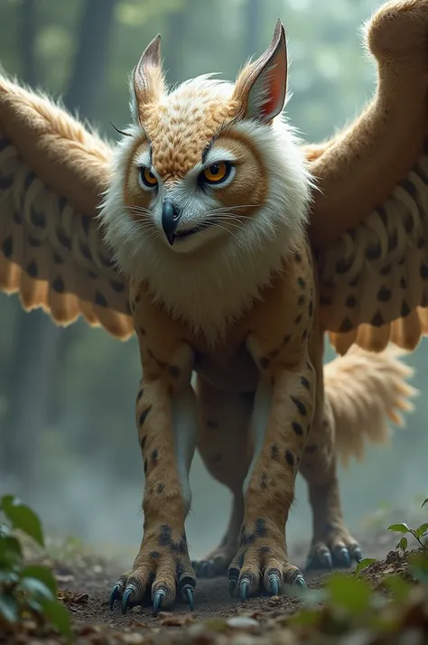 Generate for me a fantastic animal that has an owls head, erect lynx ears, ears like a lynx, falcon wings, a lions body, birds legs, and dont forget that it looks very agile.