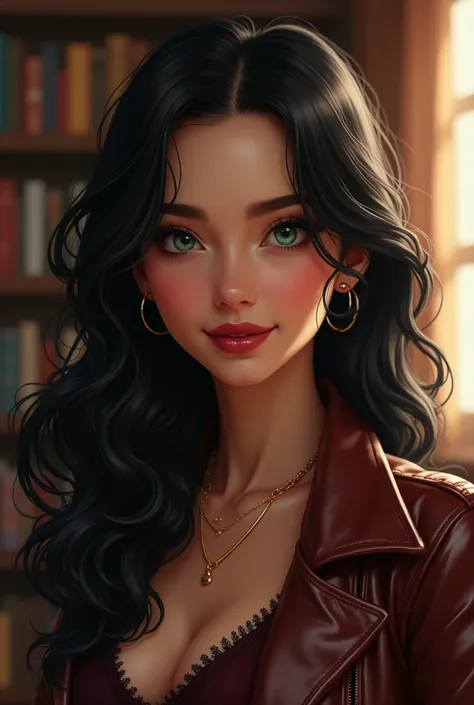 A detailed portrait of a young woman aged 17-20 with an inverted triangle face shape, tanned skin, and sea green eyes. She has long jet-black hair and a kind smile, with bow-shaped lips painted in burgundy red lipstick. She is wearing a black leather jacke...